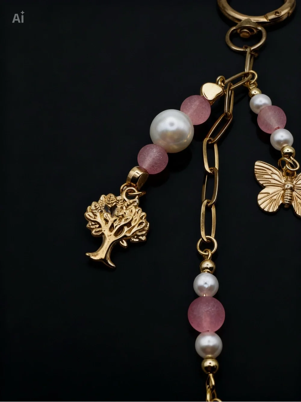 Gold Keychain with Pink Beads & Earth, Tree & Butterfly Charms